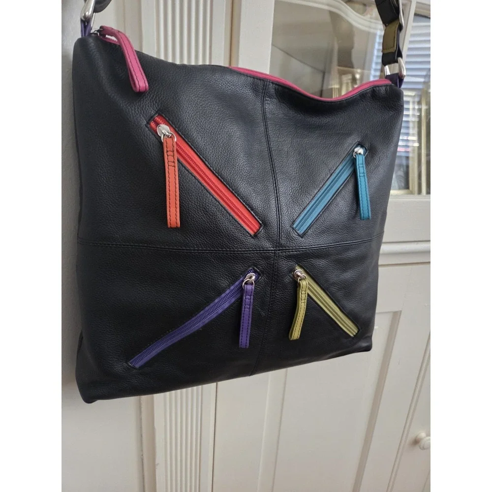 Vtg ili Leather Crossbody Bag Purse Colorful Zips‎ 80s 90s Y2k Hobo Classic Fun